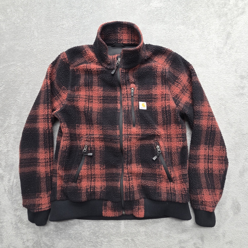 Carhartt Jacket Womens M Red Plaid Fleece Lined Full Zip Pockets Short Casual